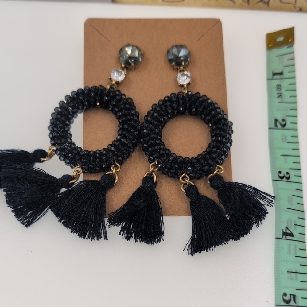 J. Crew Dark Navy Blue Almost Black Beaded Circle Tassel Earrings